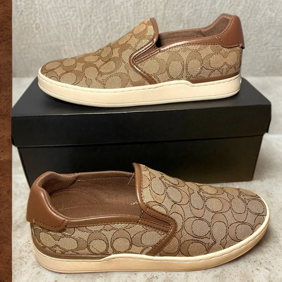 Coach Wells Slip On Sneakers C4393 Sig PVC Khaki Saddle Women’s 9B NIB - Picture 3 of 12